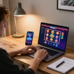 Memainkan slot online Planet77 dengan pengaturan yang ramping, laptop, notebook, dan smartphone di rumah yang nyaman.