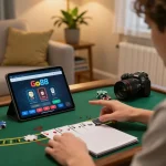 Engaging in blackjack gameplay on Go88 app in a cozy home setup with strategic notes.