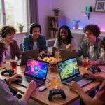 Gamers engaging in an interactive installation of Empire99 app on Android in a vibrant living room.