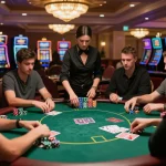 Hitclub poker players engaged in strategic gameplay in an upscale casino setting