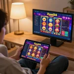 Engaging online gaming session using Zood24 ทางเข้าzood24 with colorful slot games on tablet.