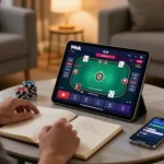 Engaging with 99ok mobile app while strategizing poker gameplay in a cozy setting