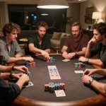 Play poker with friends in an engaging home setting at 888New, showcasing strategy and fun.