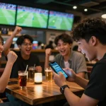 Engaged fan watching a football match while checking 7meter Judi Bola betting odds on smartphone