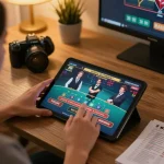 Player enjoying king33 online gaming on tablet during cozy evening session, focused on live dealer gameplay.
