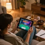 Engaging in Canada online casinos with a tablet in cozy home setting and strategic betting notes.