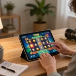 Engaging with TT88 casino app, showcasing vibrant slot game graphics in a cozy home setting.