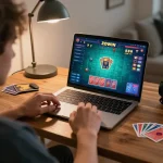 ZOWIN online gaming scene with person playing cards on a laptop in cozy setting