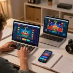 Engaging in online betting on f8beta2 with multiple devices, showing live dealer games and sports odds.