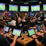 Tỷ Lệ Bóng Đá scene with fans placing sports bets at a lively bar during live matches.