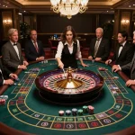 Experience VK88 excitement at a roulette table with players and croupier in action.