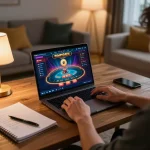 BET88 online casino gaming experience at home, player engaged with laptop and strategy notes.