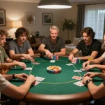 Friends enjoying a lively poker game at home, emphasizing the excitement of Hello88.