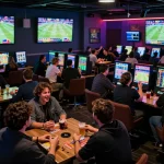 Fans enjoying sunwin sports betting experience in a lively lounge with live game screens