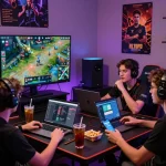 Exciting esports betting scene at home with friends placing bets using the guide on https://gglbetsg.org/gglbet-sg/singapore-esports-betting-guide/ while watching a match.