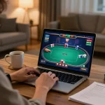 uu88 player engaged in online poker, strategic gameplay in a cozy home setting