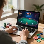 Engaged player using 99Win for online poker in a cozy home setup with strategy notes.