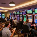 Engaged bettors strategizing on mb66 sports betting at a modern casino venue