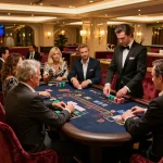 32win players enjoying exciting gameplay at a luxurious blackjack table in an upscale casino.
