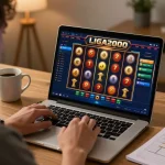 LIGA2000 player engaging with online slots during a cozy home gaming session.