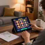 Player engaging with the kdslot app on a tablet in a cozy home setting, showcasing online casino gaming.