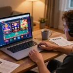 Player engaged in online gaming on 8xbet platform, showcasing vibrant slot machines and poker games