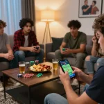 Engaged player using vsbet for live sports betting on smartphone in a lively social setting.