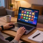 Komposisi menarik seorang pemain menikmati toto slot gacor di laptop mereka, menampilkan visual slot yang dramatis dan suasana rumah yang nyaman.