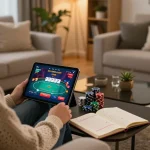 Player engaging in an online poker game on a tablet, showcasing XX88 gambling strategies for responsible gaming.