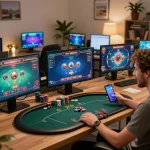 mm88 player engaged in online betting with multiple screens and a cozy home setup