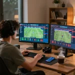 Engaging scene of online sports betting, focusing on ty le keo nha cai changing on screen, a user in action, creating an interactive experience.