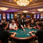Players engaged at king33 poker tables, showcasing excitement and camaraderie in a vibrant casino atmosphere.