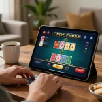 Engaging in kèo nhà cái gameplay on a tablet in a cozy home setting, focusing on live dealer casino action