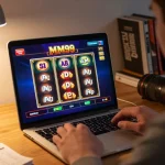 Engage with MM99's thrilling games in a cozy home setup showcasing online casino excitement.