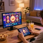 Player enjoying exciting slot games on vvvwin in a cozy home setting with snacks and drinks.