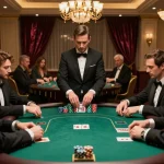 Players enjoying SC88 vip poker game in an upscale casino setting with plenty of chips.