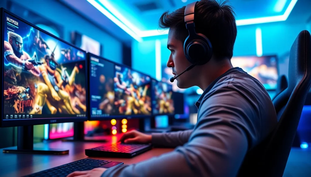 Jogador focado em hi game em um ambiente de jogos vibrante e estiloso.
