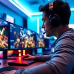 Jogador focado em hi game em um ambiente de jogos vibrante e estiloso.