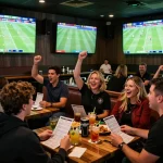 KÈO TRỰC TUYẾN enthusiasts eagerly placing bets in a lively sports bar during live matches.