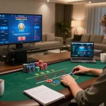 W88 player engaging in live dealer blackjack at home with focused strategy and warm ambiance