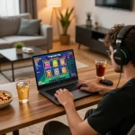 Engage in strategic gaming with lovingaze at home featuring a laptop showcasing a Pragmatic Play slot game.