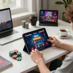 Player enjoying online casino games on 98win com at home with a tablet and poker chips.