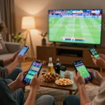 Engaged bettors enjoying online nk88 sports betting session at home with smartphones.