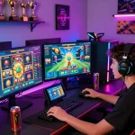 Engaged gamer enjoying barcaslot digital slot games at a vibrant gaming setup.