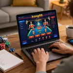 Player enjoying online gaming at kong88 with strategic notes and coffee in a cozy home setting.