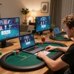 Player engaging in a thrilling online poker game with tg88 on laptop, showcasing strategic gameplay and responsible gaming environment