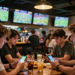 DABET users engaging in live sports betting at a modern bar with excitement