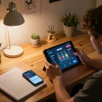 Player enjoying rikvip online gaming on a tablet with strategic notes and warm lighting