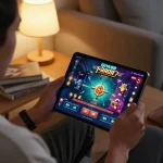 gnk88 user engaging with mobile casino game app in a cozy home environment