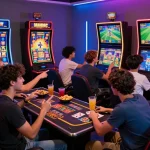 Engaging group playing kuwin online games, featuring slots and sports betting, in a vibrant setting.